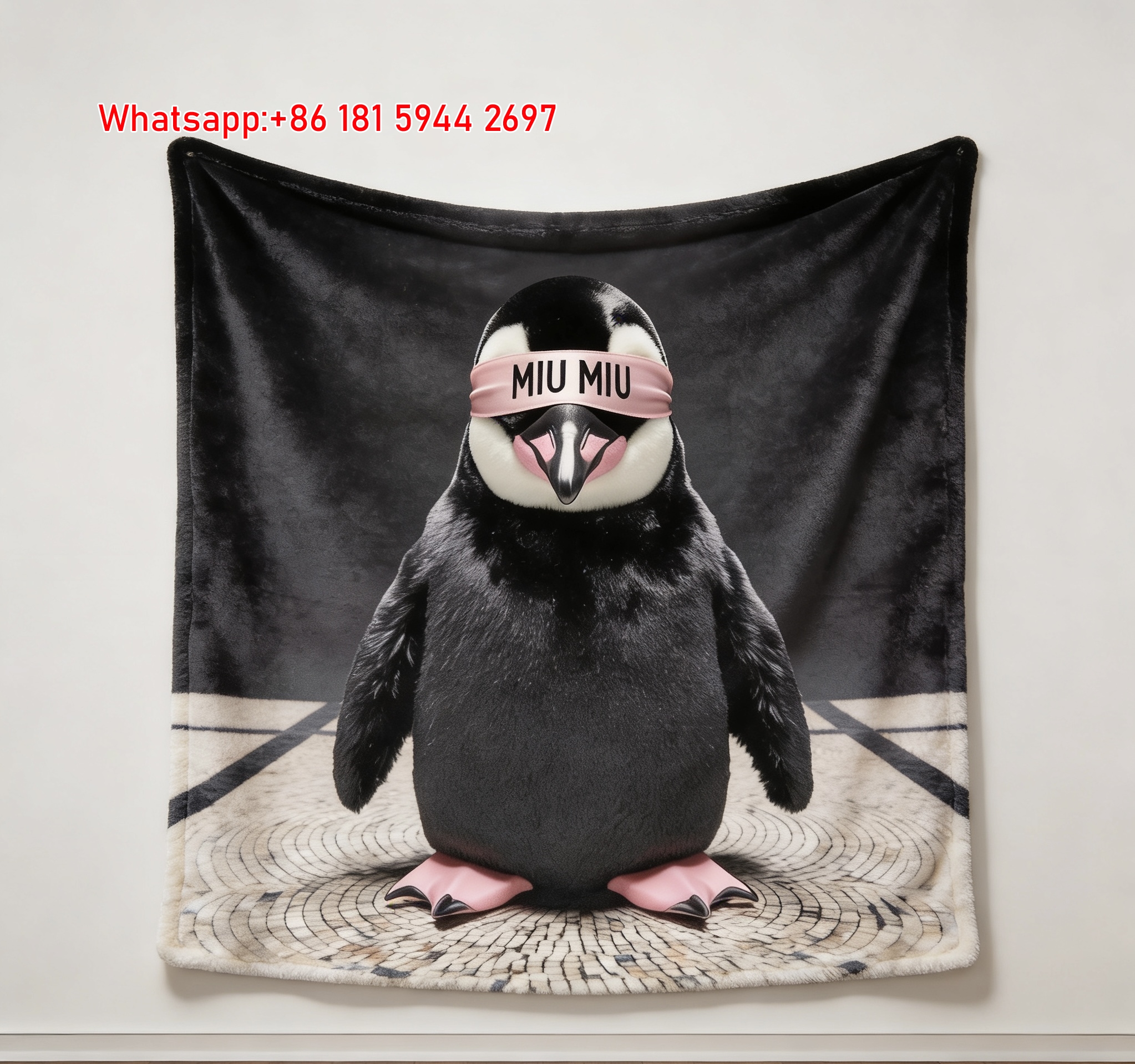 Luxury Miu Miu Black & Pink Penguin Print Flannel Sofa Throw Blanket - Iconic Logo Eye Patch Design IMG_0516